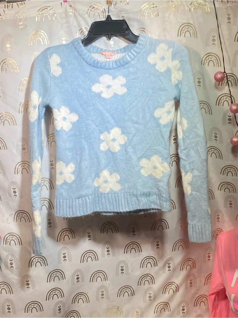 Girls Light Blue Floral Knit Crewneck Sweater